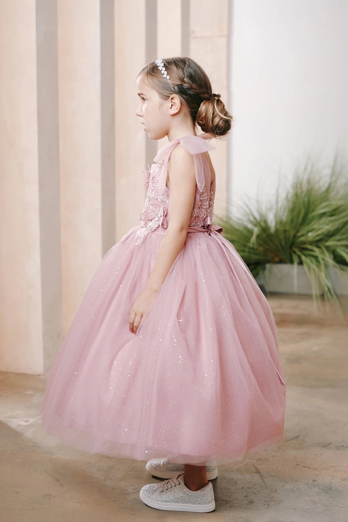 Tulle shoulder bows: detail of the dusty rose flower girl dress.