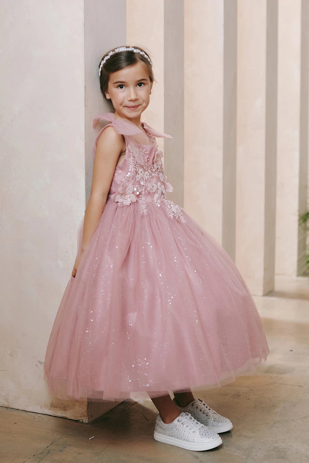 3D floral bodice shown on the dusty rose flower girl dress.