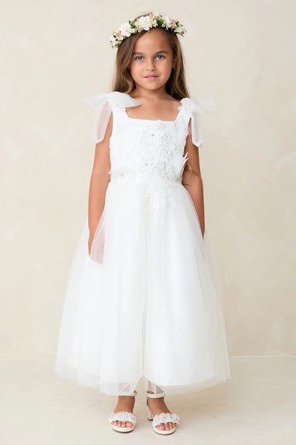 Full gathered skirt accents this off-white flower girl dress.