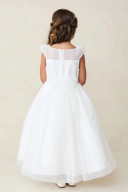 Visible on the off-white flower girl dress: a sheer back neckline.