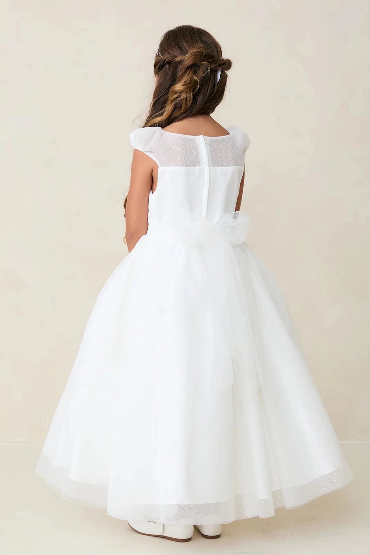 Full satin back skirt on an off-white flower girl dress.