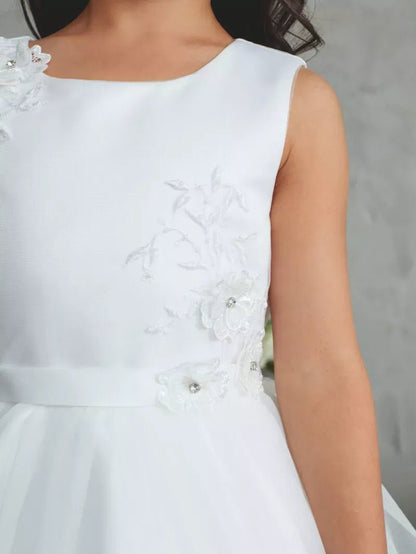 Off-White flower girl dress featuring a delicate floral waist.