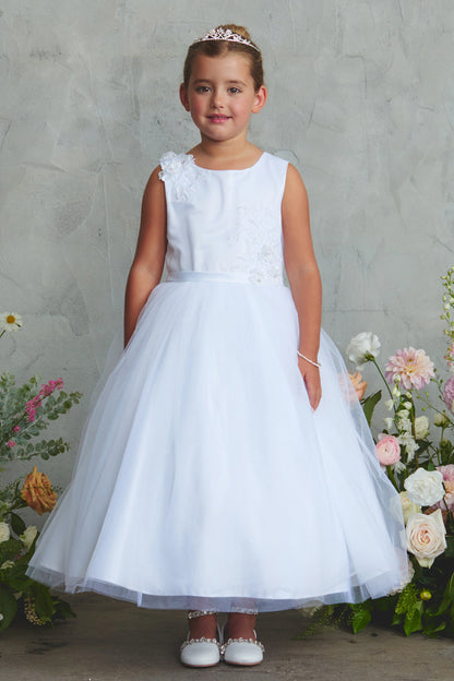 Featuring a full satin skirt, a white flower girl dress.