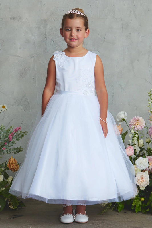 Featuring a full satin skirt, a white flower girl dress.