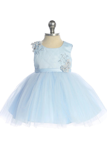 In view: flower waist accents of a sky blue flower girl dress.