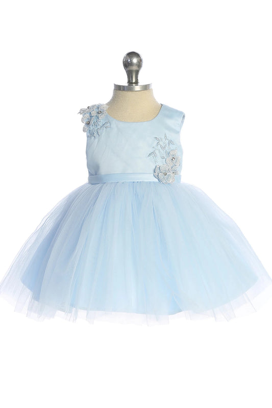 In view: flower waist accents of a sky blue flower girl dress.