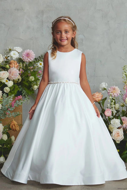 Off-White Satin with a Rhinestone and Pearl Waist Flower Girl Dress