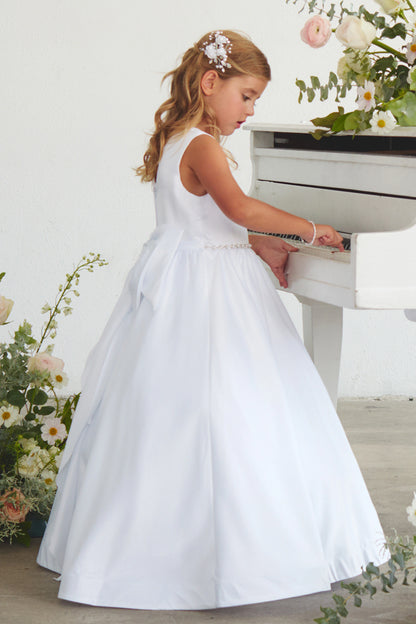Full satin skirt shown on the white flower girl dress.