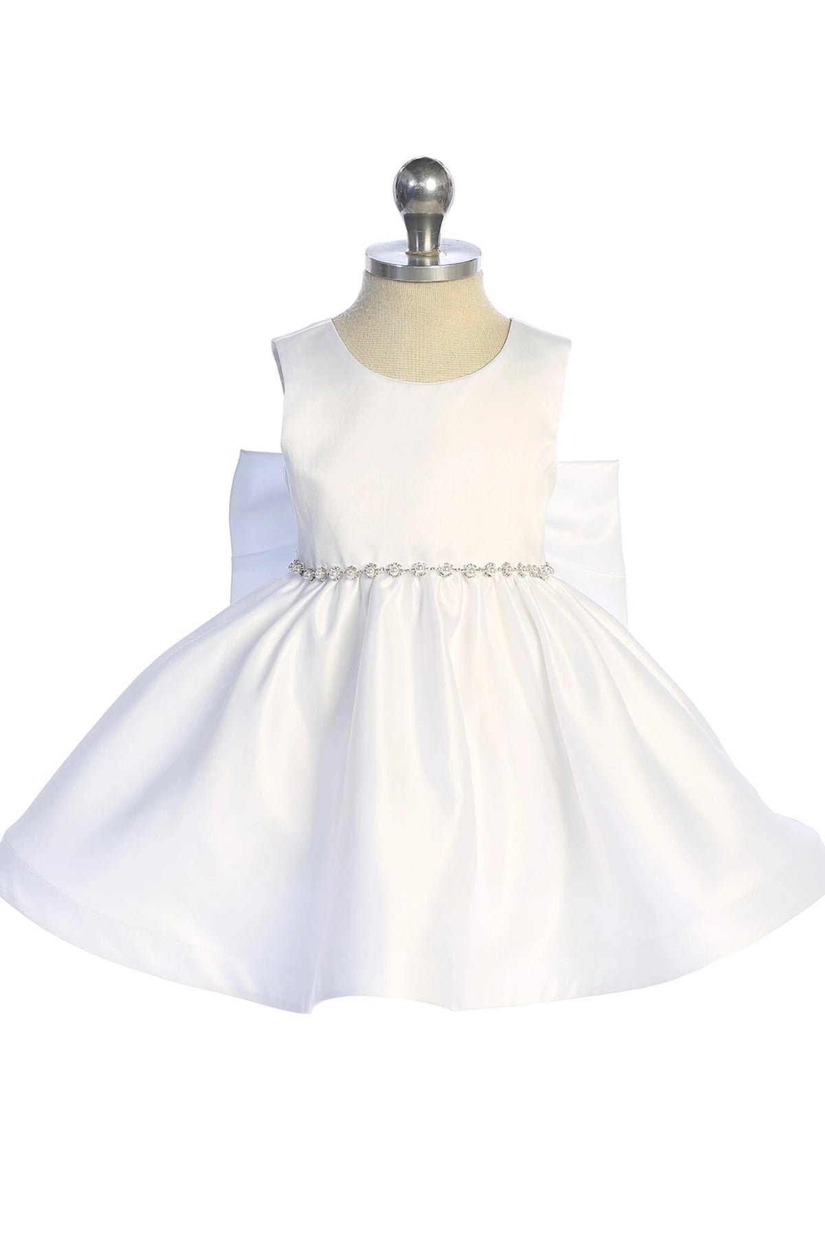 Pearl waist trim on a white flower girl dress.