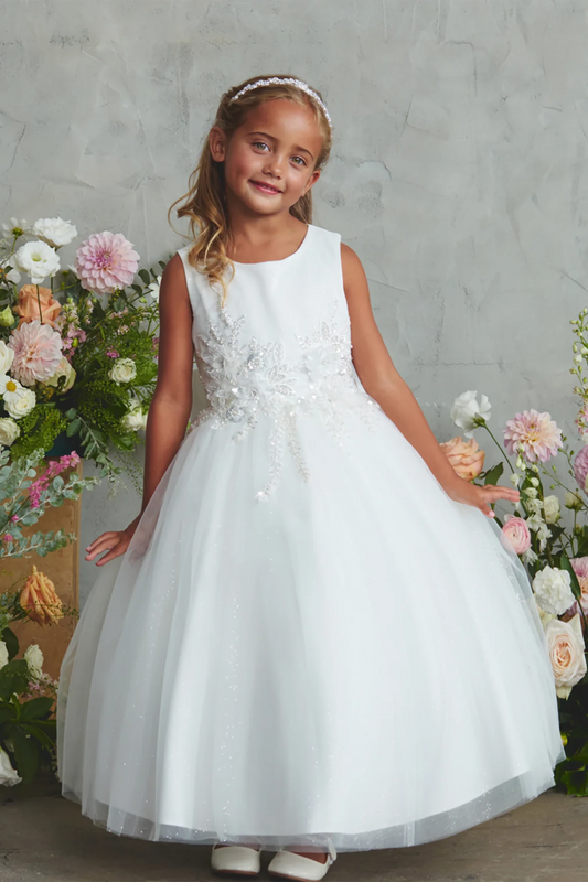 Flower appliques spread across the off-white flower girl dress's waist.