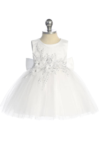 Featuring beaded waist appliques, a white flower girl dress.