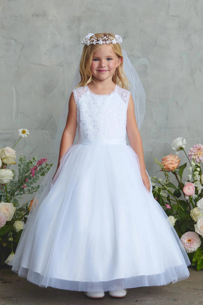 Beaded lace bodice on a white flower girl dress.