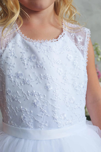Embroidered sheer shoulders on a white flower girl dress.