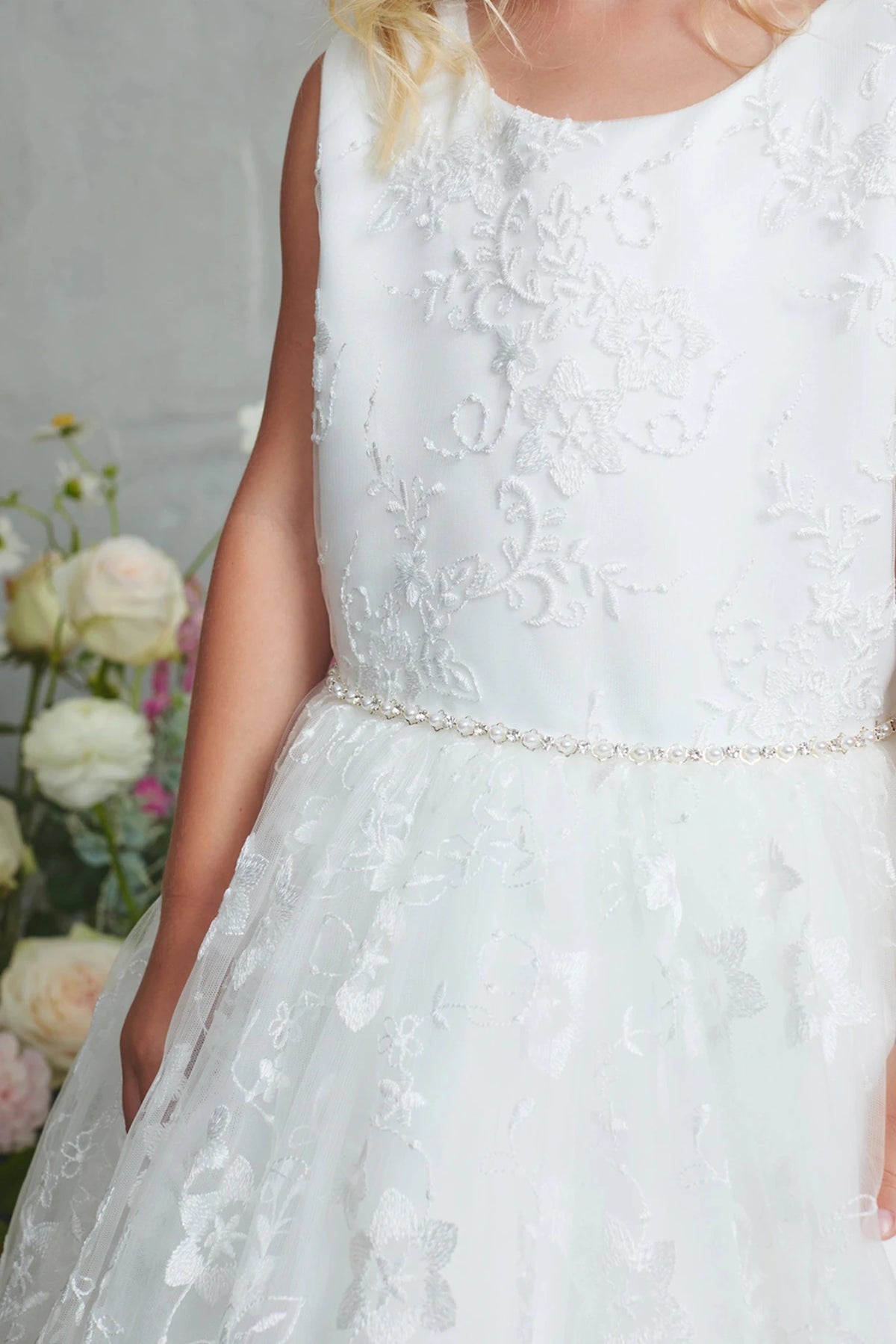 Off-White Lace with a Pearl and Rhinestone Waist Flower Girl Dress