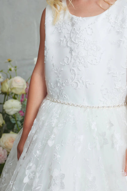 Off-White Lace with a Pearl and Rhinestone Waist Flower Girl Dress