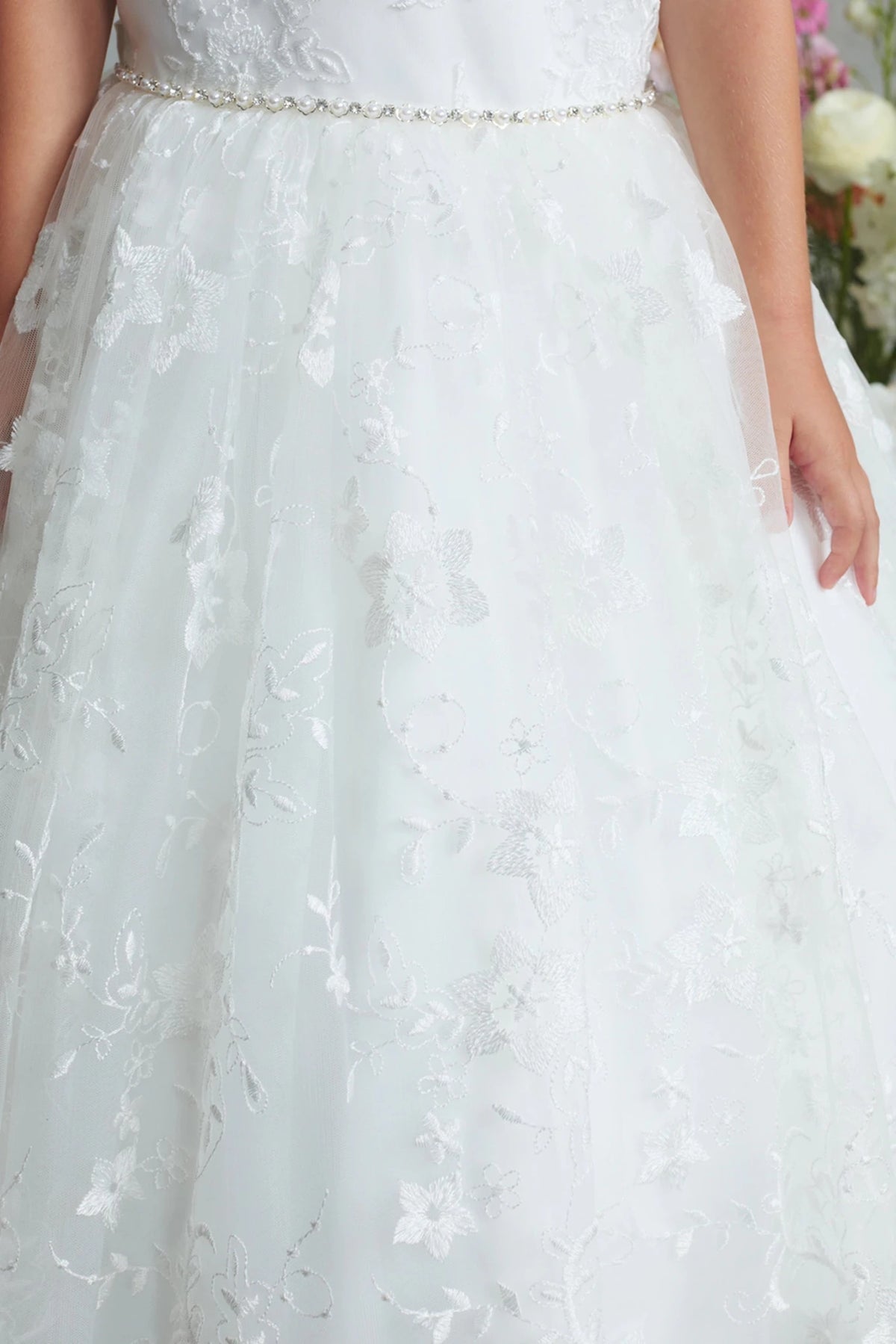 Off-White Lace with a Pearl and Rhinestone Waist Flower Girl Dress