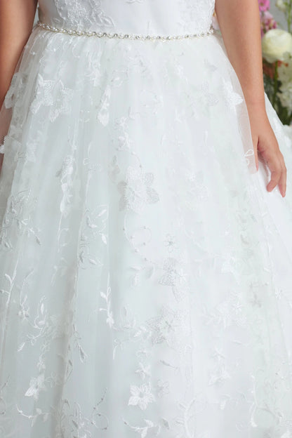 Off-White Lace with a Pearl and Rhinestone Waist Flower Girl Dress