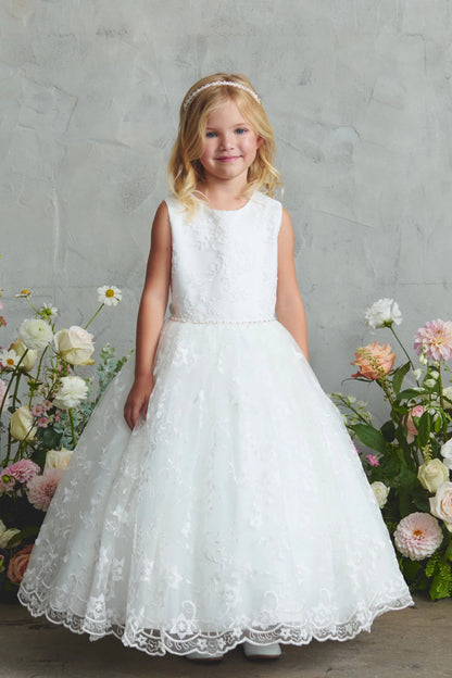 Off-White Lace with a Pearl and Rhinestone Waist Flower Girl Dress
