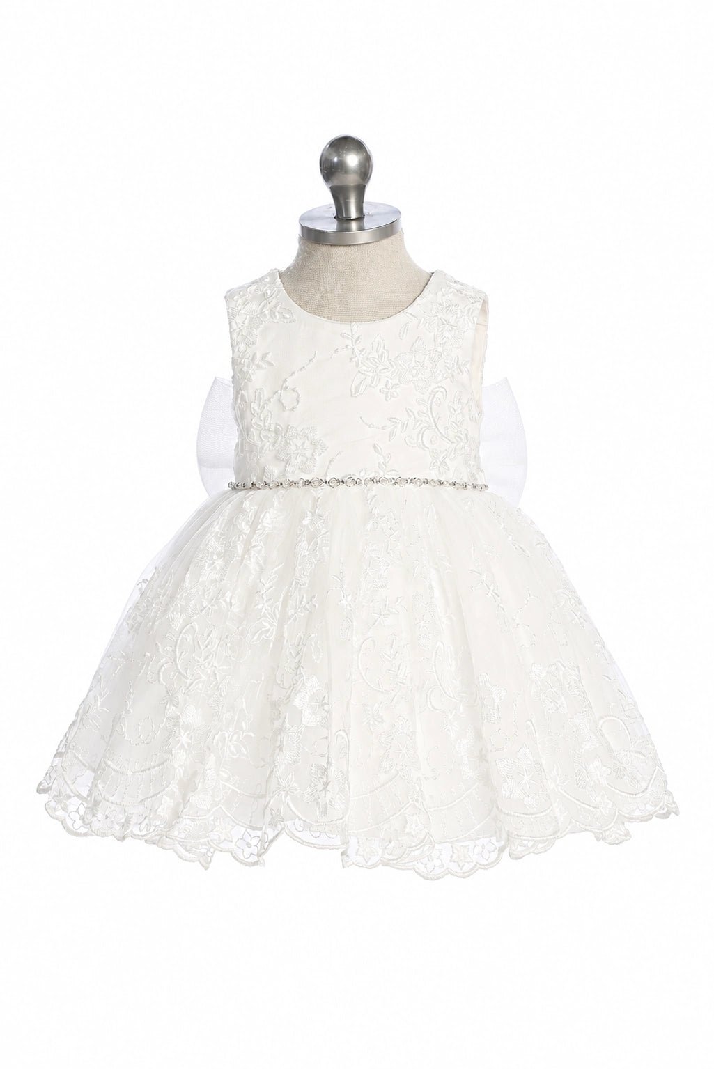 Off-White flower girl dress featuring jeweled waist trim.