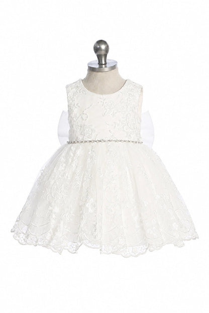 Off-White flower girl dress featuring jeweled waist trim.