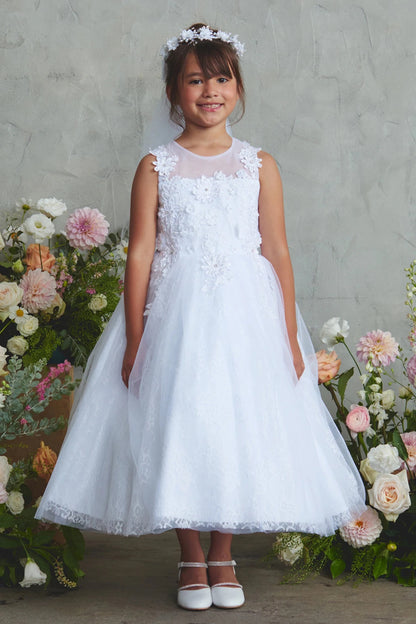 3D shoulder flowers are visible on the white flower girl dress.