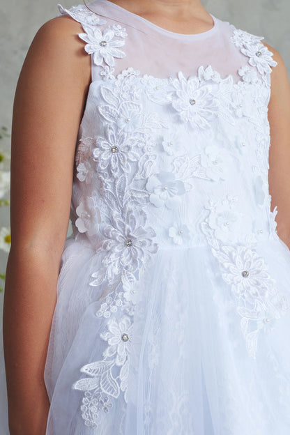 In view: dimensional lace blossoms of a white flower girl dress.
