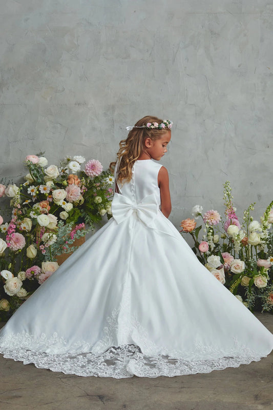 Off-White Satin Lace with a Train and Bow Back Flower Girl Dress