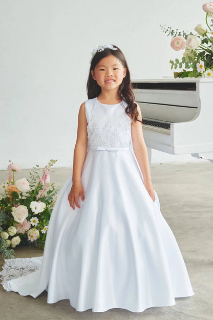 Off-White Satin Lace with a Train and Bow Back Flower Girl Dress