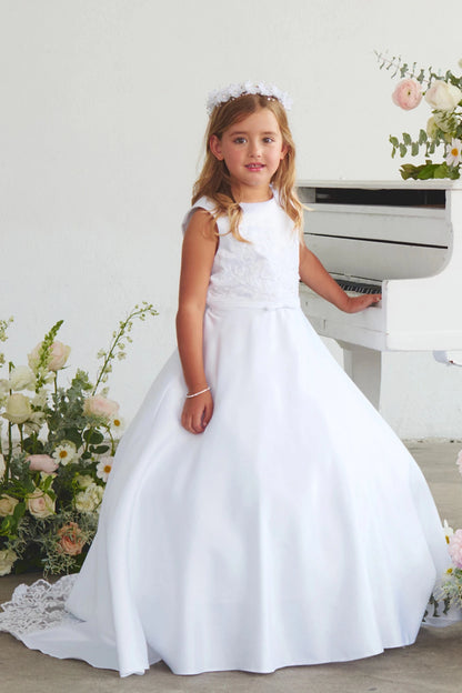 White flower girl dress with a full satin skirt.
