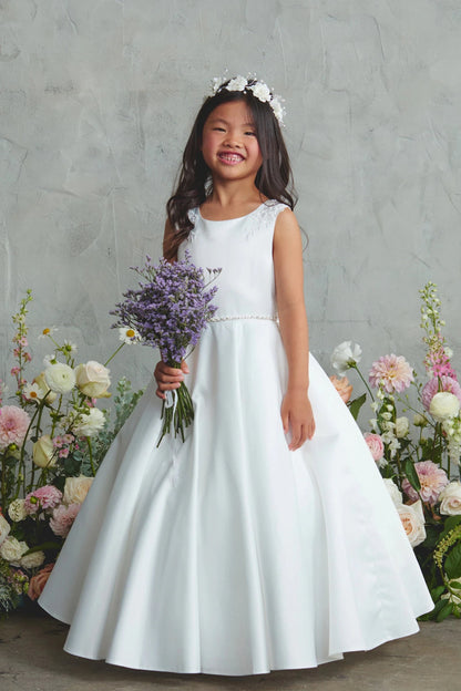 Off-White Satin with a Sheer Lace Back Flower Girl Dress