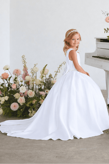 Side view of Tiptop 5925 white satin flower girl dress with a full skirt and sweeping train.