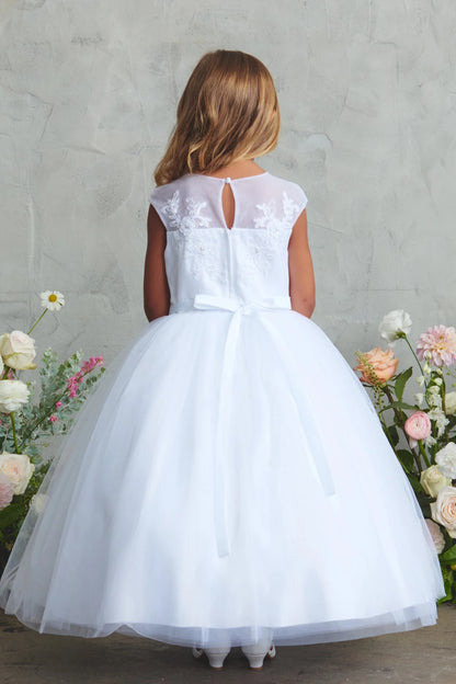 Emphasis on sheer floral back of the white flower girl dress.