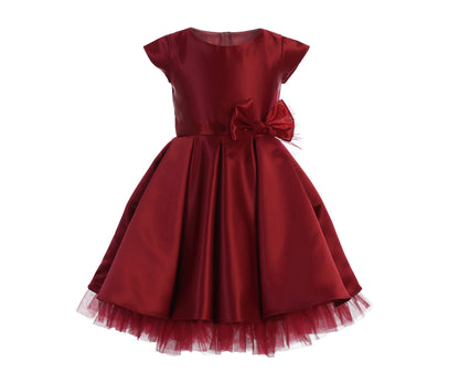 Full Pleated Satin and Crystal Tulle Dress with Detachable oversized organza tulle bow Flower Girl Dress - burgundy dress with bow