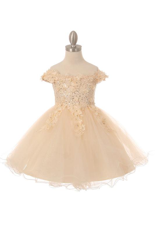 Champagne Off the shoulder Embedded 3D Floral & Rhinestones Sparkling Glitter Tulle Flower Girl Dress | Lucy dress front