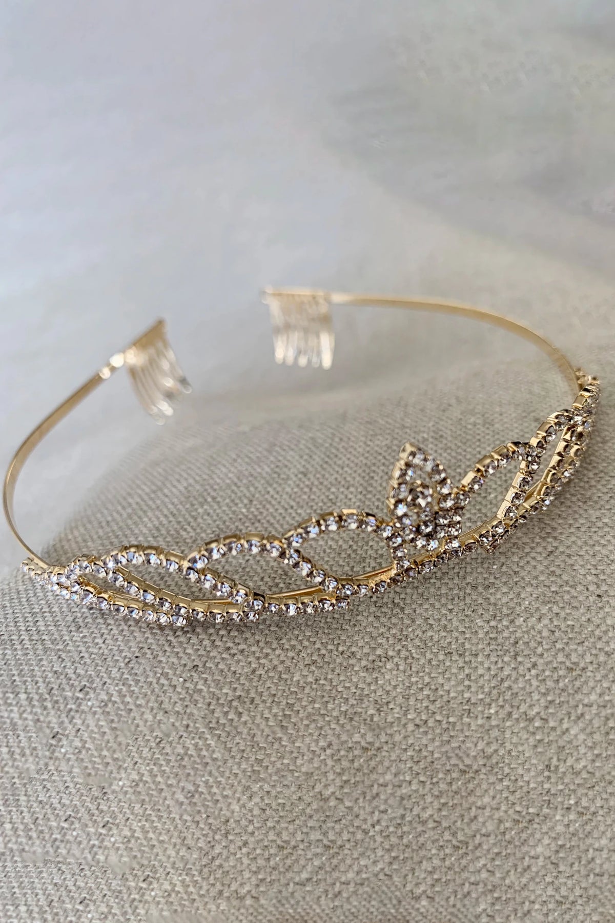 Gold rhinestone flower girl tiara.