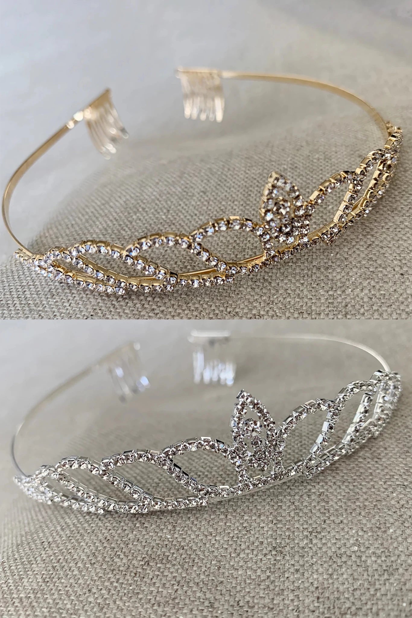 Gold and silver rhinestone kid tiaras on a light gray background