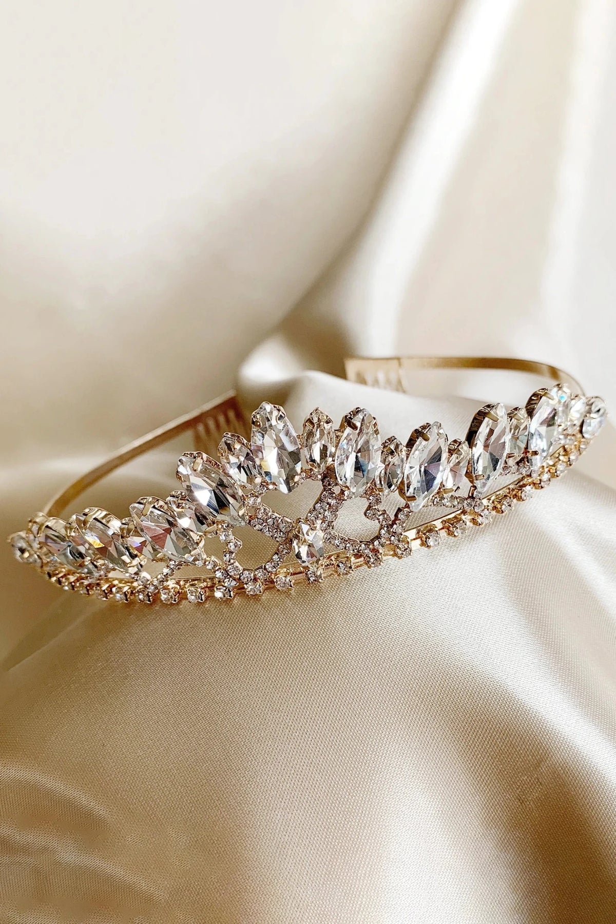 Gold rhinestone flower girl tiara.