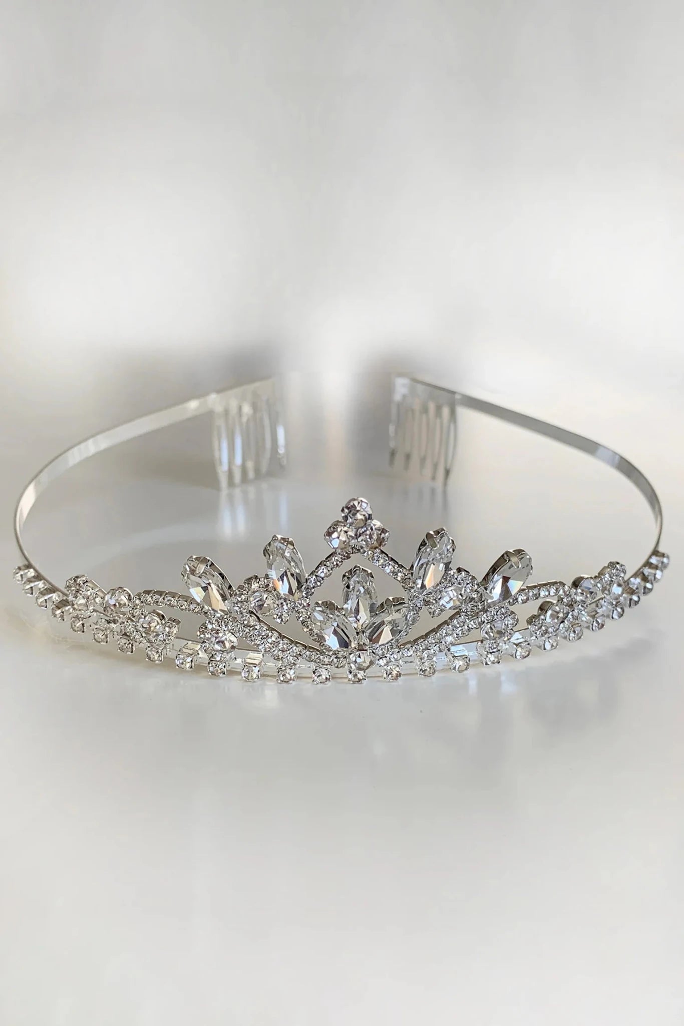 Silver rhinestone flower girl tiara.