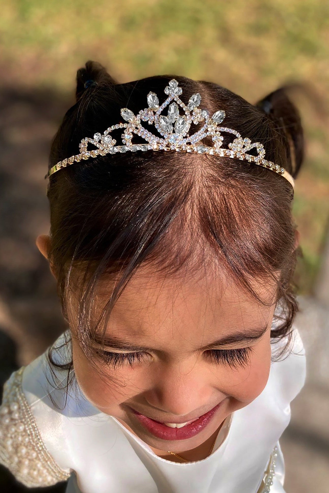 Crystal Flower Girl Headpiece - smiling girl wearing Silver Flower Girl Dainty Rhinestone Tiara  