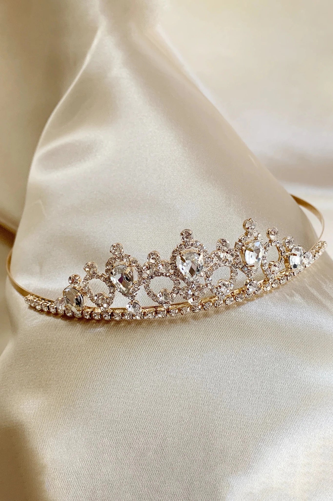 Gold rhinestone flower girl tiara.
