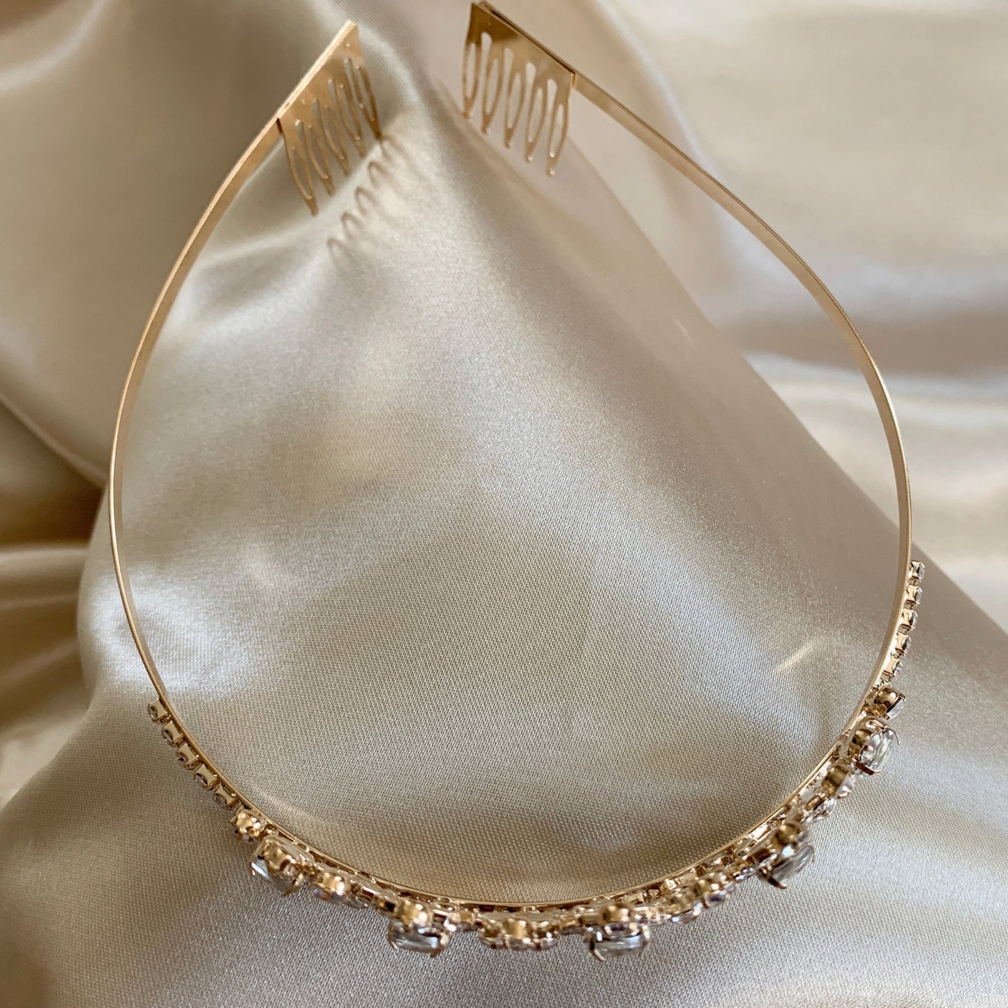 Gold rhinestone flower girl tiara, top view.