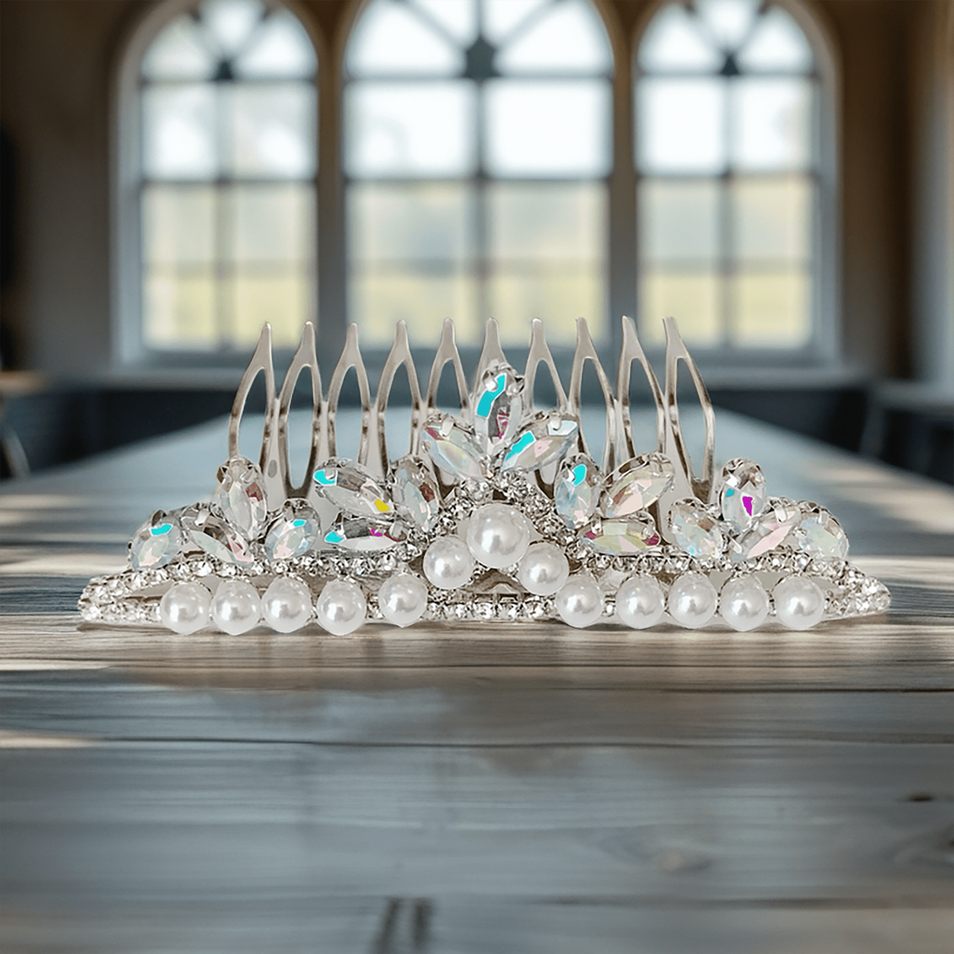 AB pearl rhinestone flower girl and mini quince tiara comb.