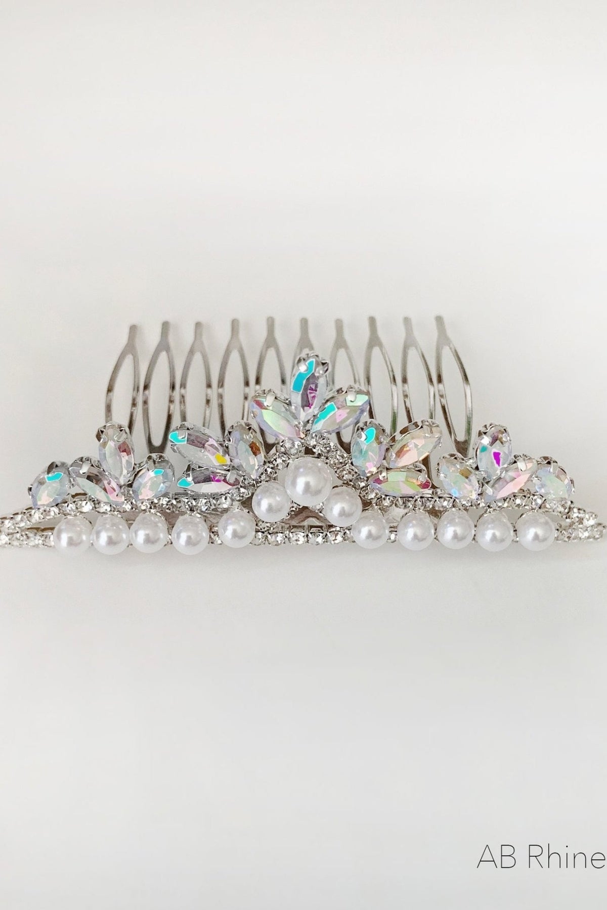 Silver pearl rhinestone flower girl and mini quince tiara comb.