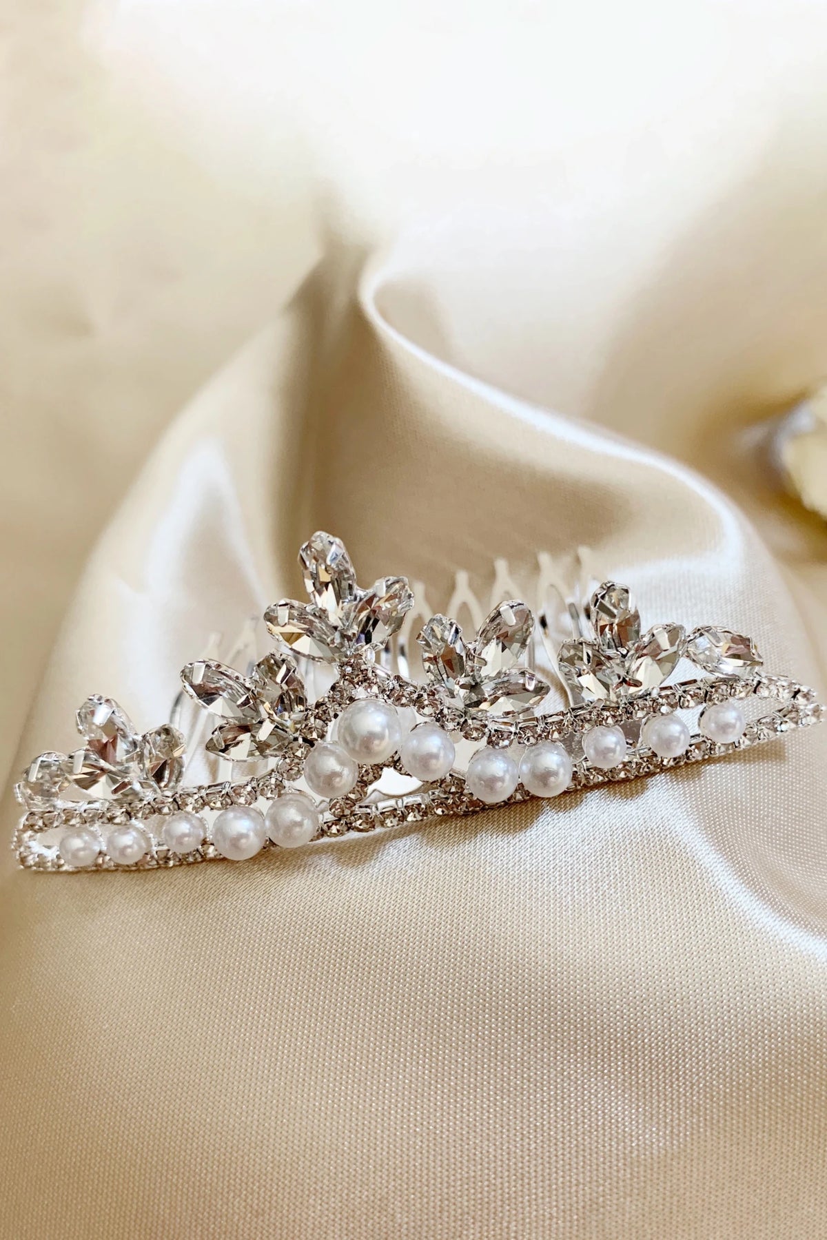 Silver pearl rhinestone satin flower girl and mini quince tiara comb.