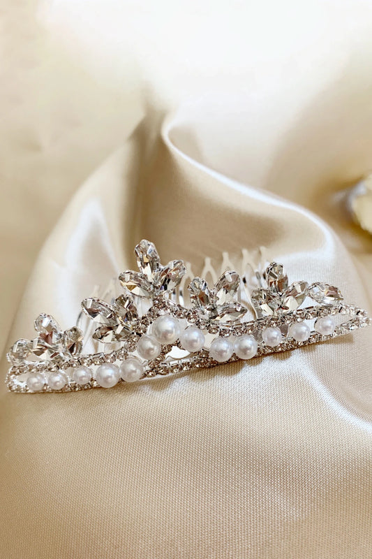 Silver pearl rhinestone satin flower girl and mini quince tiara comb.