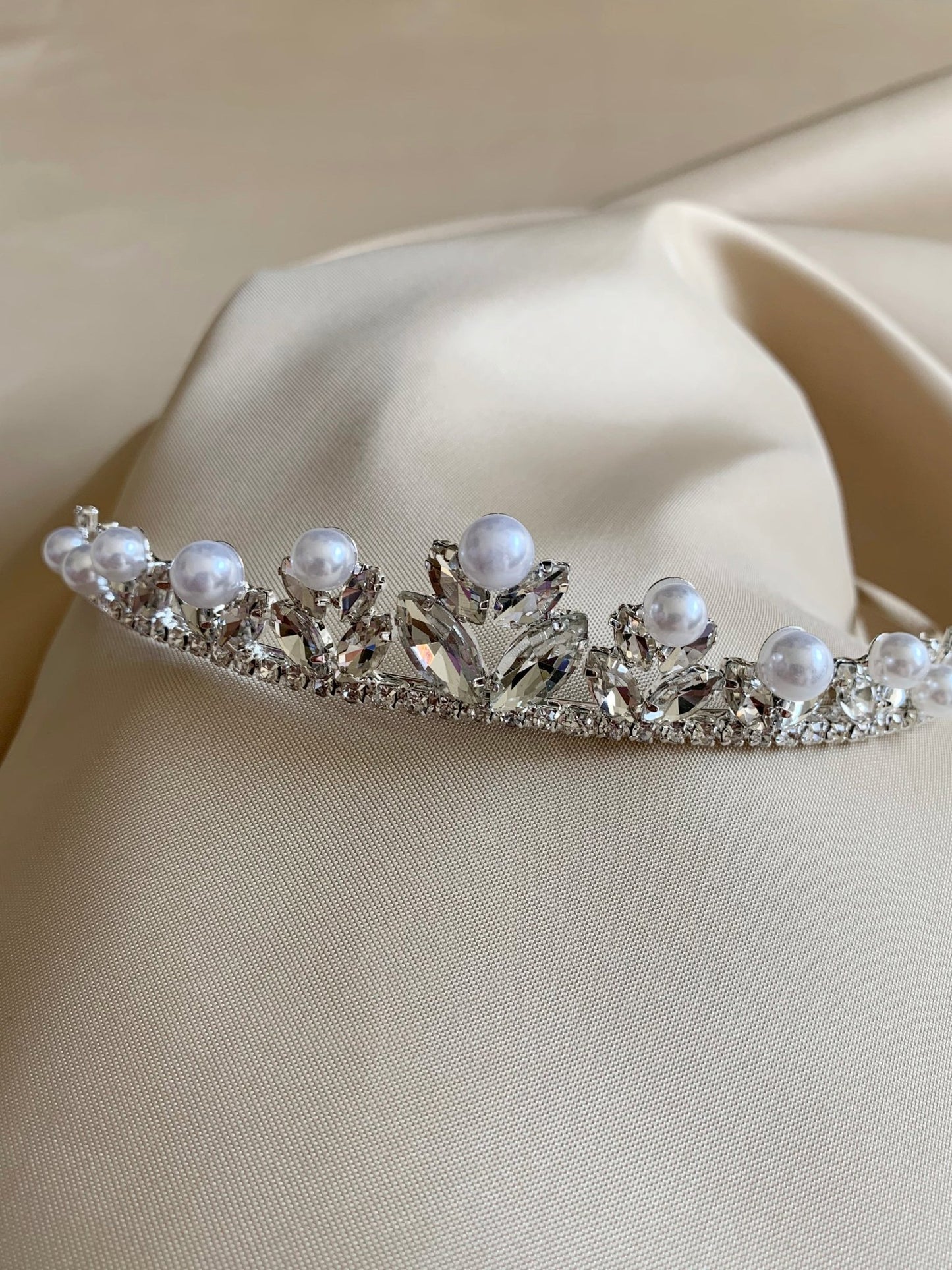 Silver pearl rhinestone flower girl and first communion tiara and two-tier veil, front view.