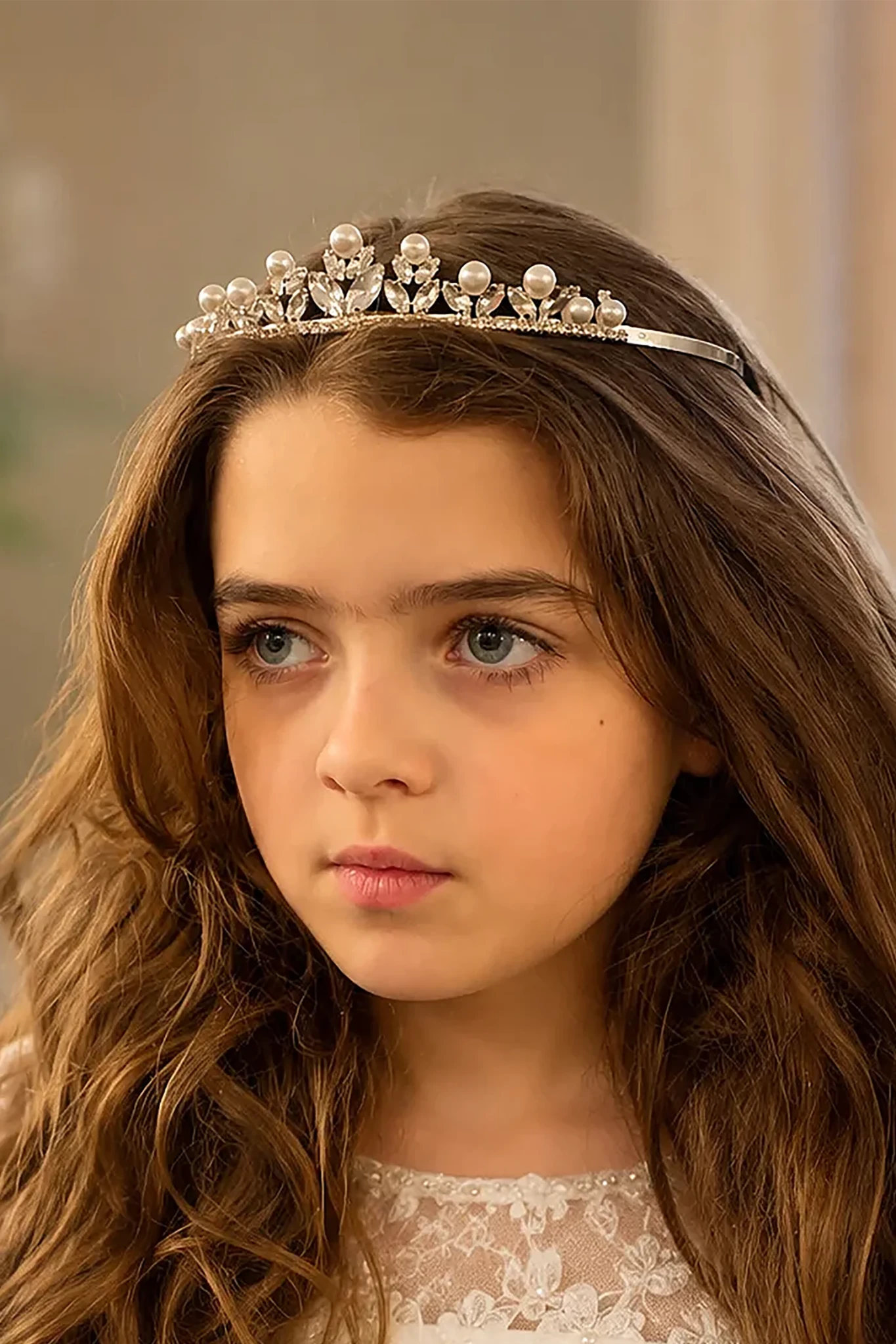 Silver Flower Girl Big Pearl Rhinestone Crystal Tiara | First Communion Headpiece