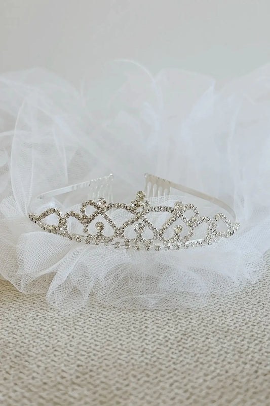 Silver and white rhinestone flower girl and first communion tiara and two-tier veil.