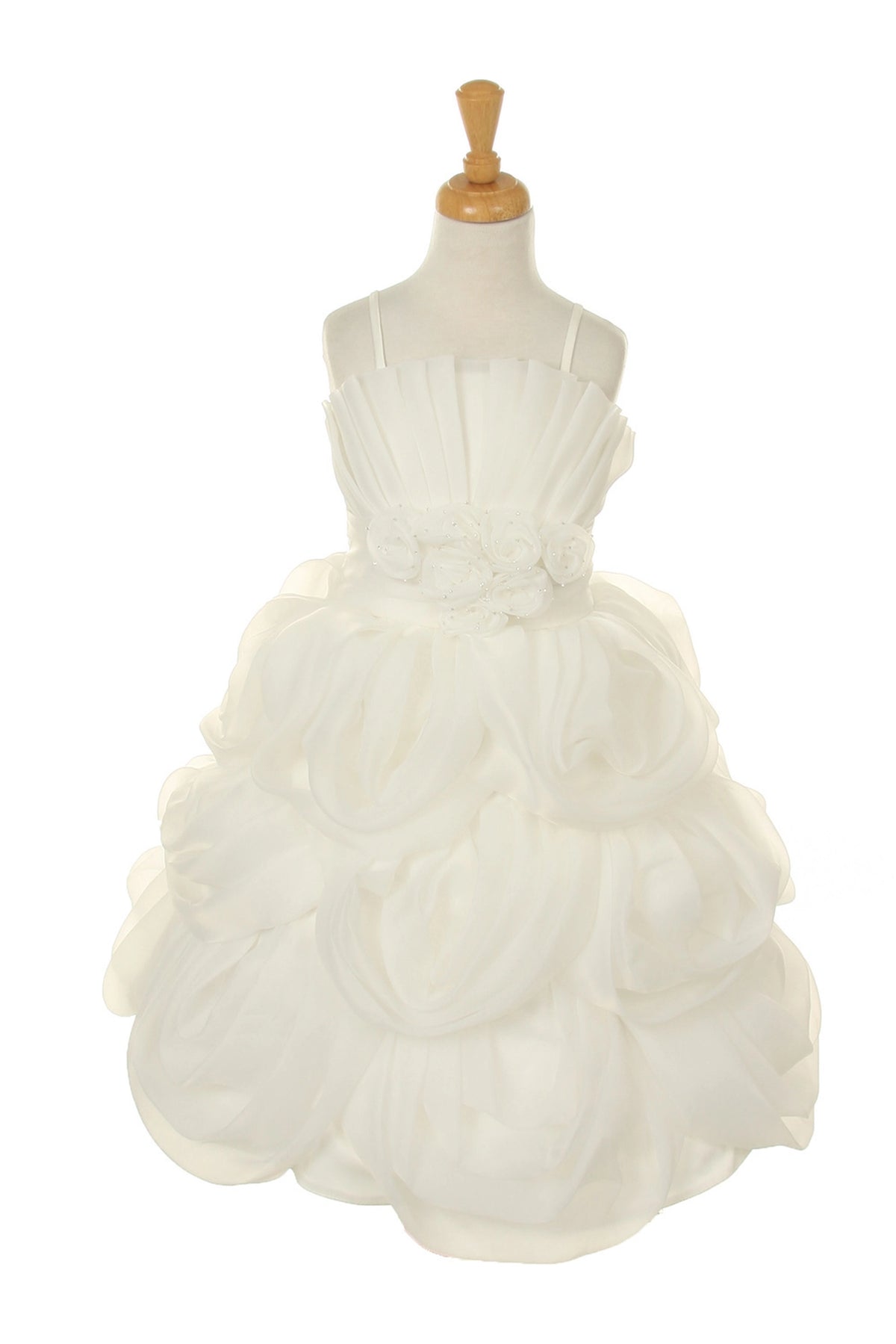 Showcasing with large rosettes across the ruffled skirt, this Ivory kids party dress displays elegant detail.