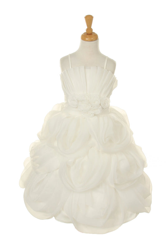 Showcasing with large rosettes across the ruffled skirt, this Ivory kids party dress displays elegant detail.